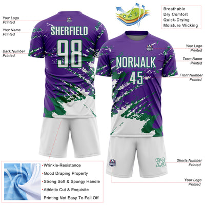 Custom Purple White-Kelly Green Abstract Fragment Art Splash Sports Sublimation Soccer Uniform Jersey
