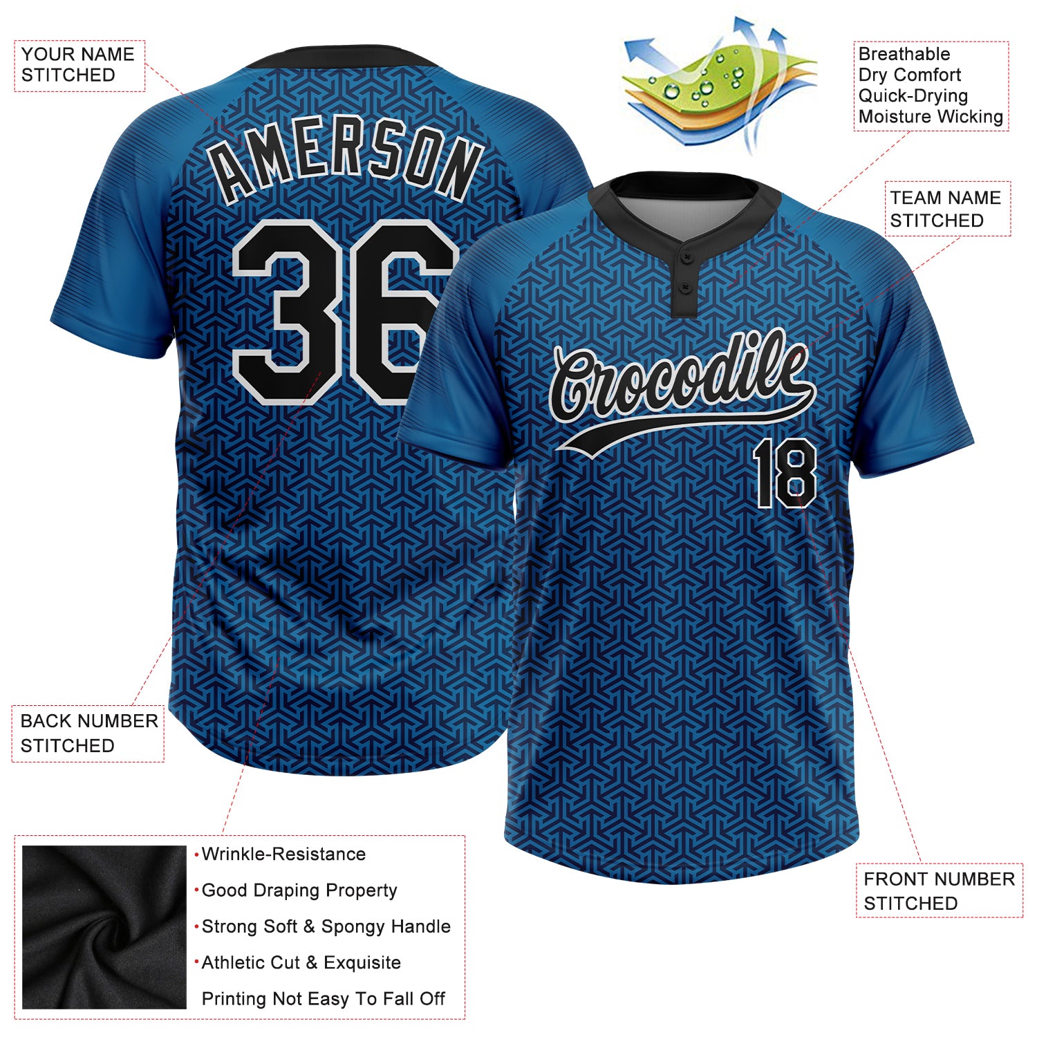 Custom Blue Black-White 3D Pattern Two-Button Unisex Softball Jersey