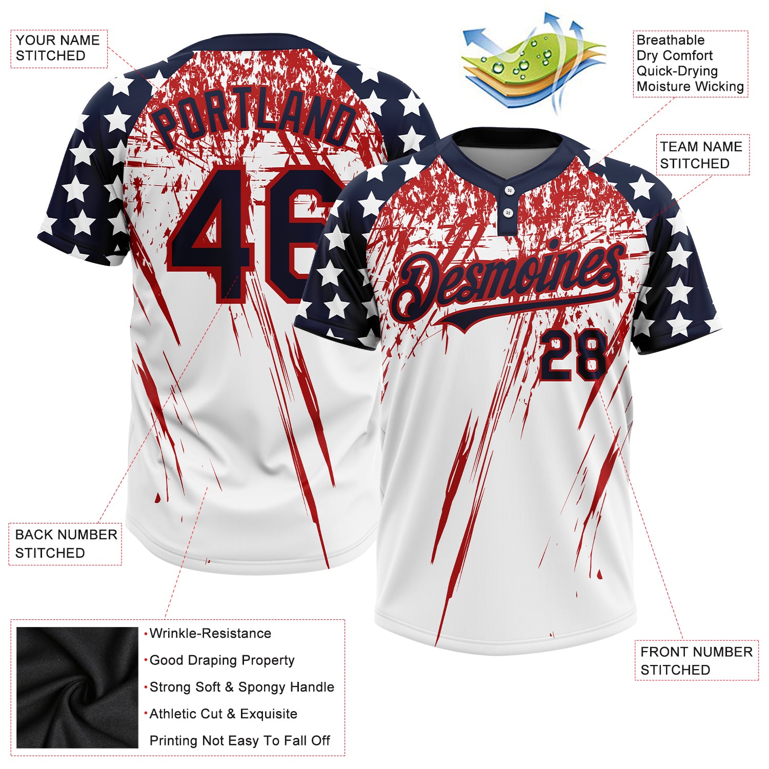 Custom Softball Jersey White Navy-Red 3D American Flag Fashion Two-Button Unisex Men's Size:XL