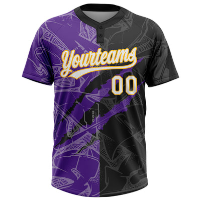 Custom Graffiti Pattern Black Purple-Gold 3D Two-Button Unisex Softball Jersey
