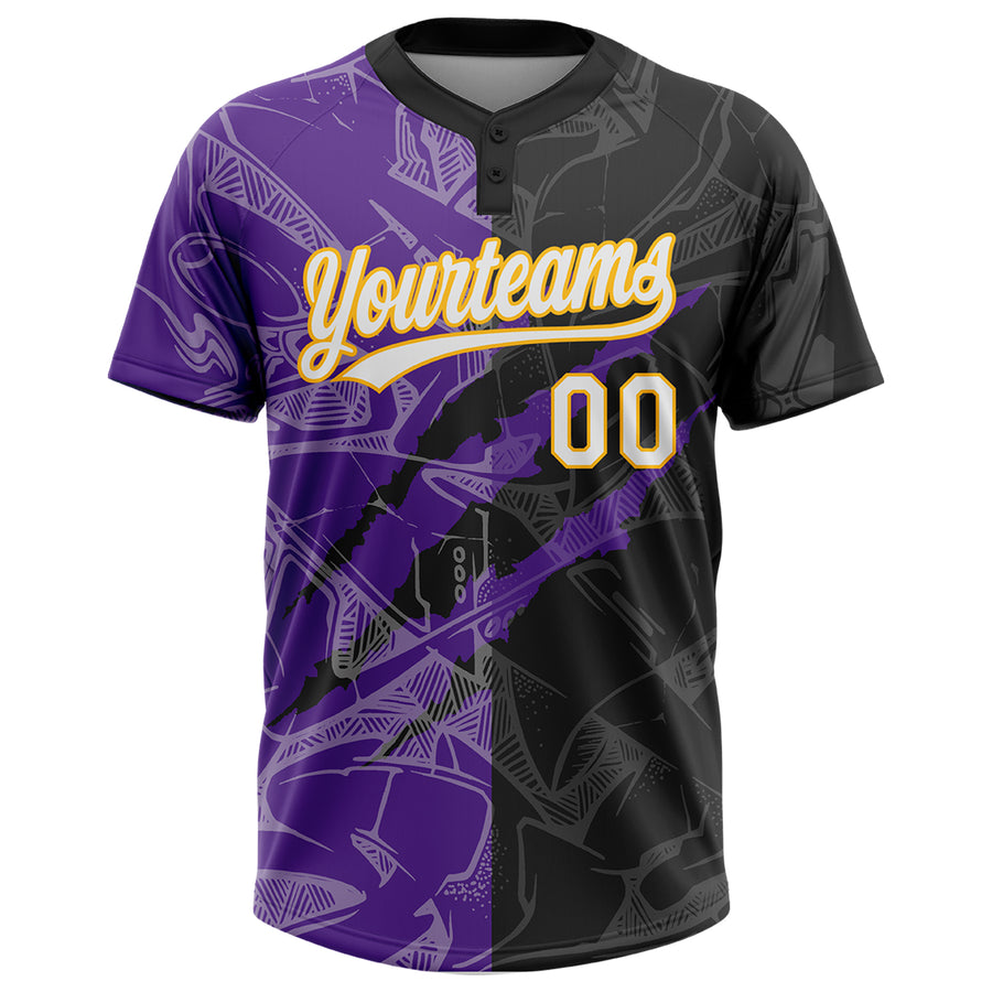 Custom Graffiti Pattern Black Purple-Gold 3D Two-Button Unisex Softball Jersey