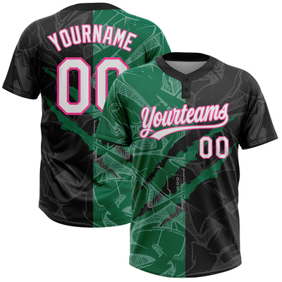 Custom Graffiti Pattern Black Kelly Green-Pink 3D Two-Button Unisex Softball Jersey