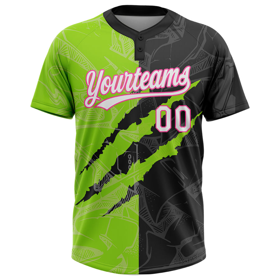 Custom Graffiti Pattern Black Neon Green-Pink 3D Two-Button Unisex Softball Jersey