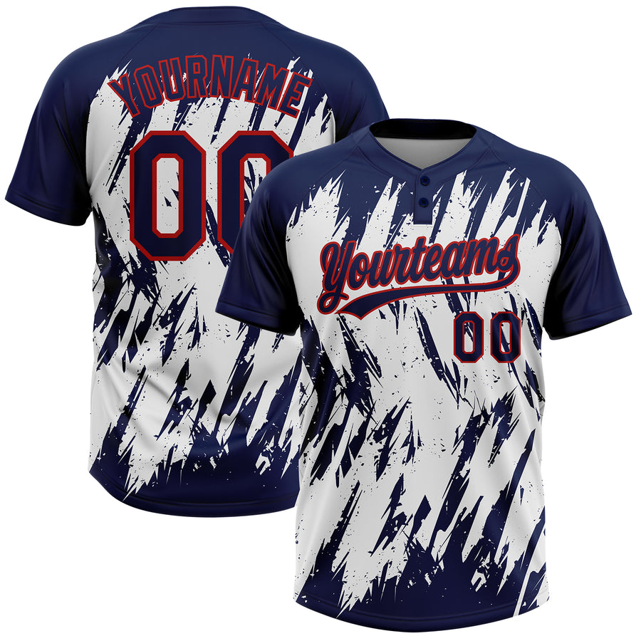 Custom Navy Red-White 3D Pattern Abstract Sharp Shape Two-Button Unisex Softball Jersey