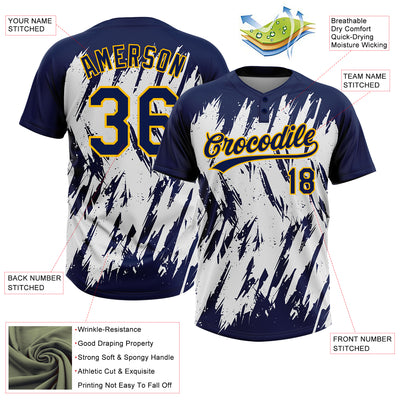 Custom Navy Gold-White 3D Pattern Abstract Sharp Shape Two-Button Unisex Softball Jersey