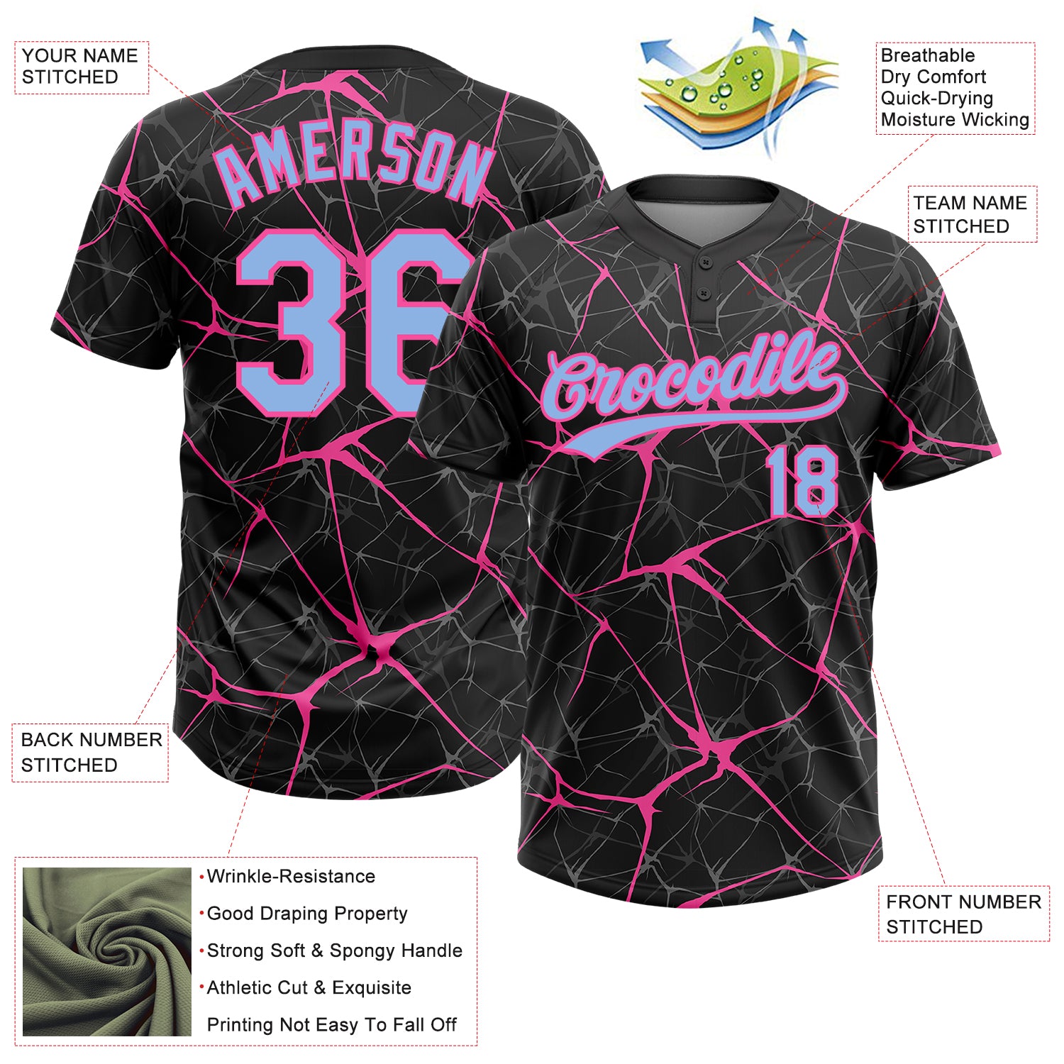 Custom Black Light Blue-Pink 3D Pattern Abstract Network Two-Button Unisex Softball Jersey