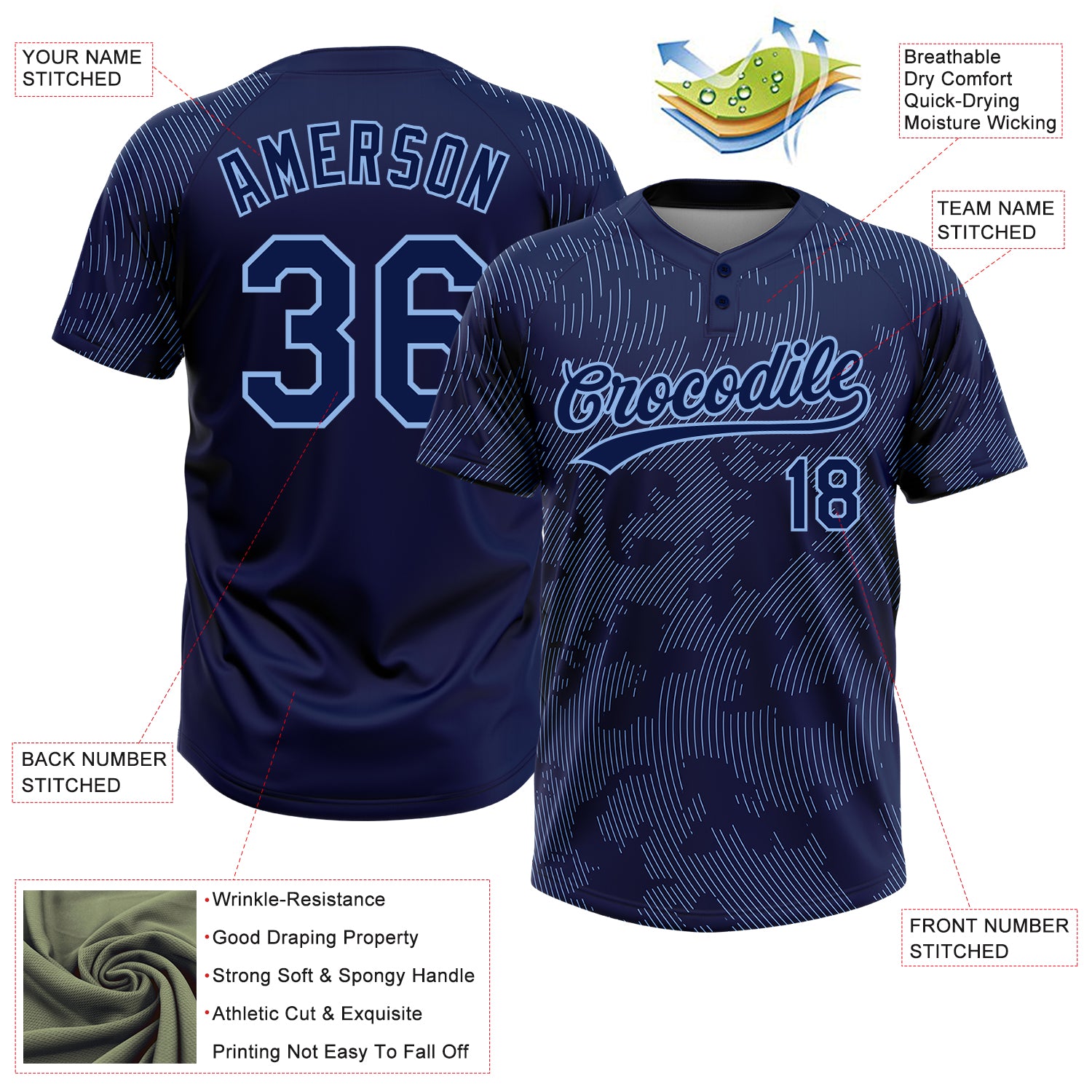 Custom Navy Light Blue 3D Pattern Curve Lines Two-Button Unisex Softball Jersey