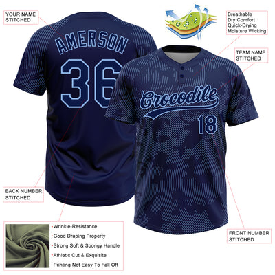 Custom Navy Light Blue 3D Pattern Curve Lines Two-Button Unisex Softball Jersey