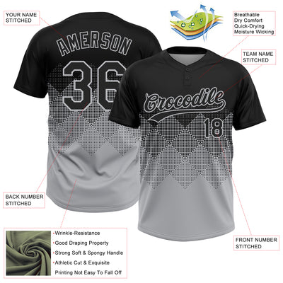 Custom Black Gray 3D Pattern Gradient Square Shapes Two-Button Unisex Softball Jersey
