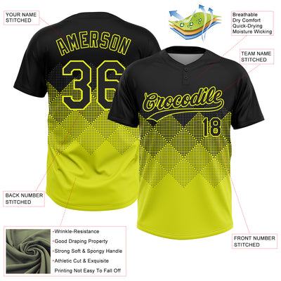 Custom Black Neon Yellow 3D Pattern Gradient Square Shapes Two-Button Unisex Softball Jersey