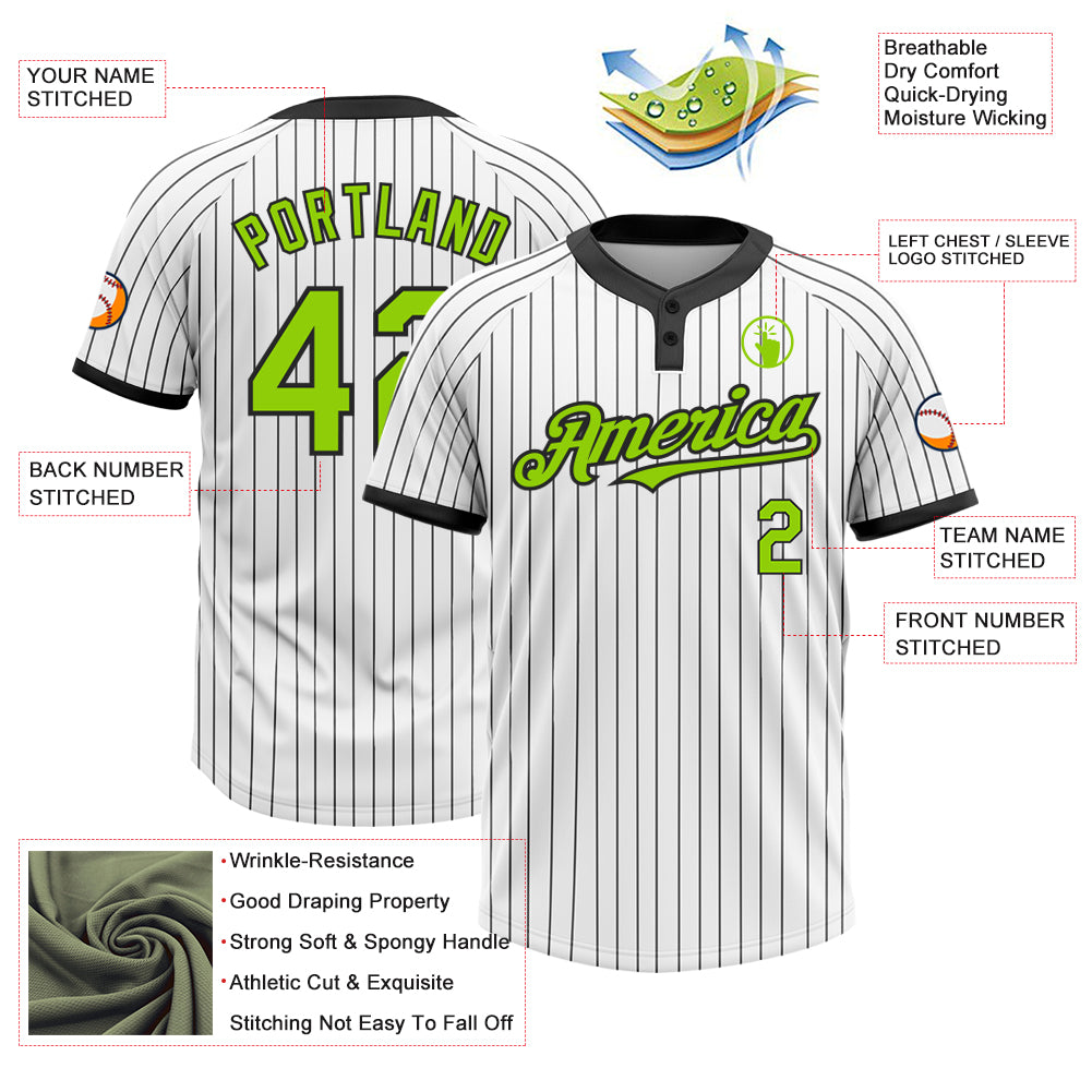 Custom White Black Pinstripe Neon Green Two-Button Unisex Softball Jersey