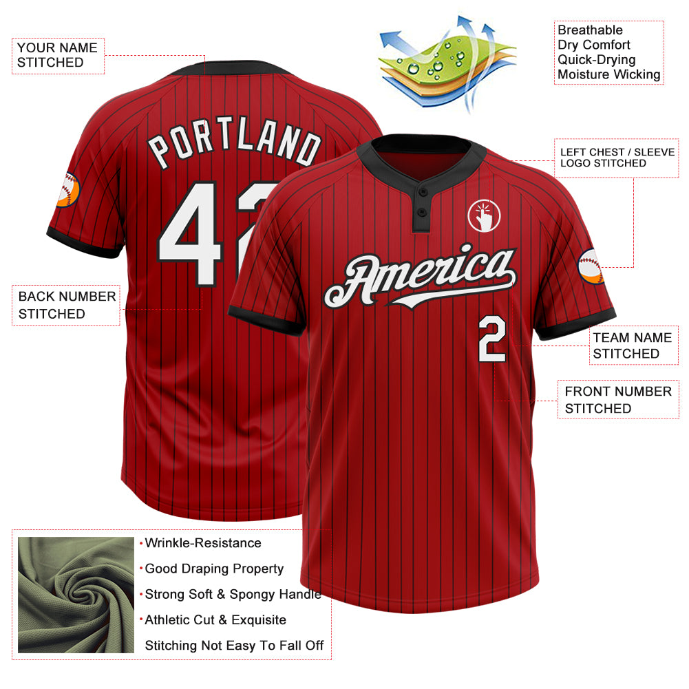 Custom Red Black Pinstripe White Two-Button Unisex Softball Jersey