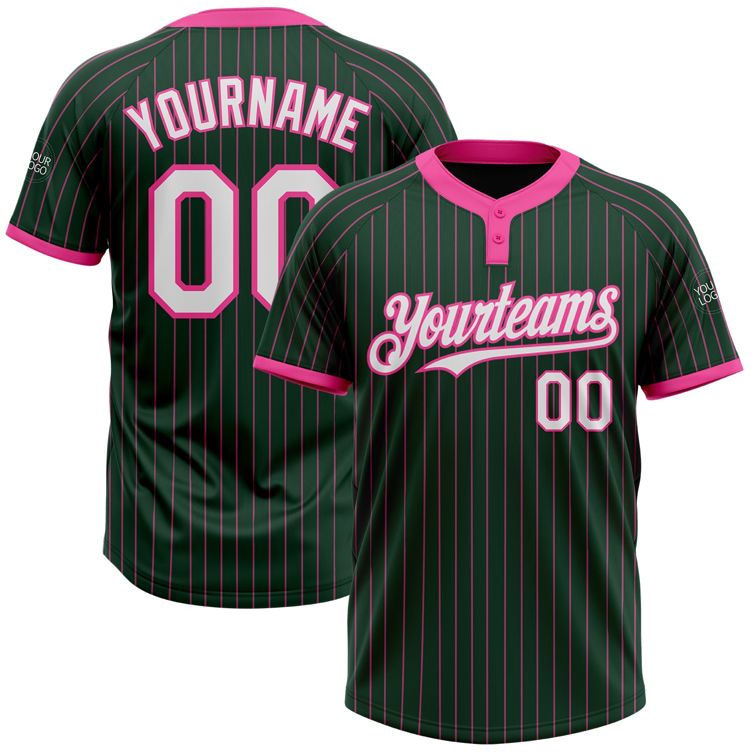 Custom Green Pink Pinstripe White Two-Button Unisex Softball Jersey