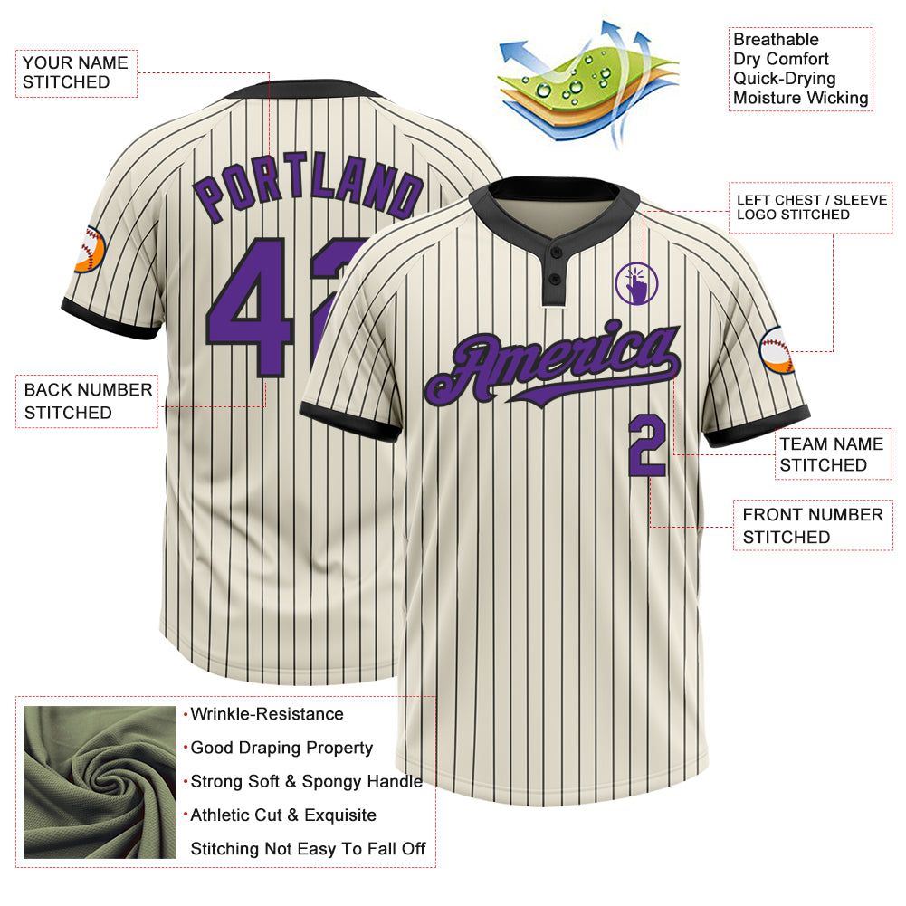 Custom Cream Black Pinstripe Purple Two-Button Unisex Softball Jersey