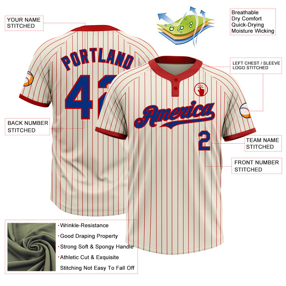 Custom Cream Red Pinstripe Royal Two-Button Unisex Softball Jersey