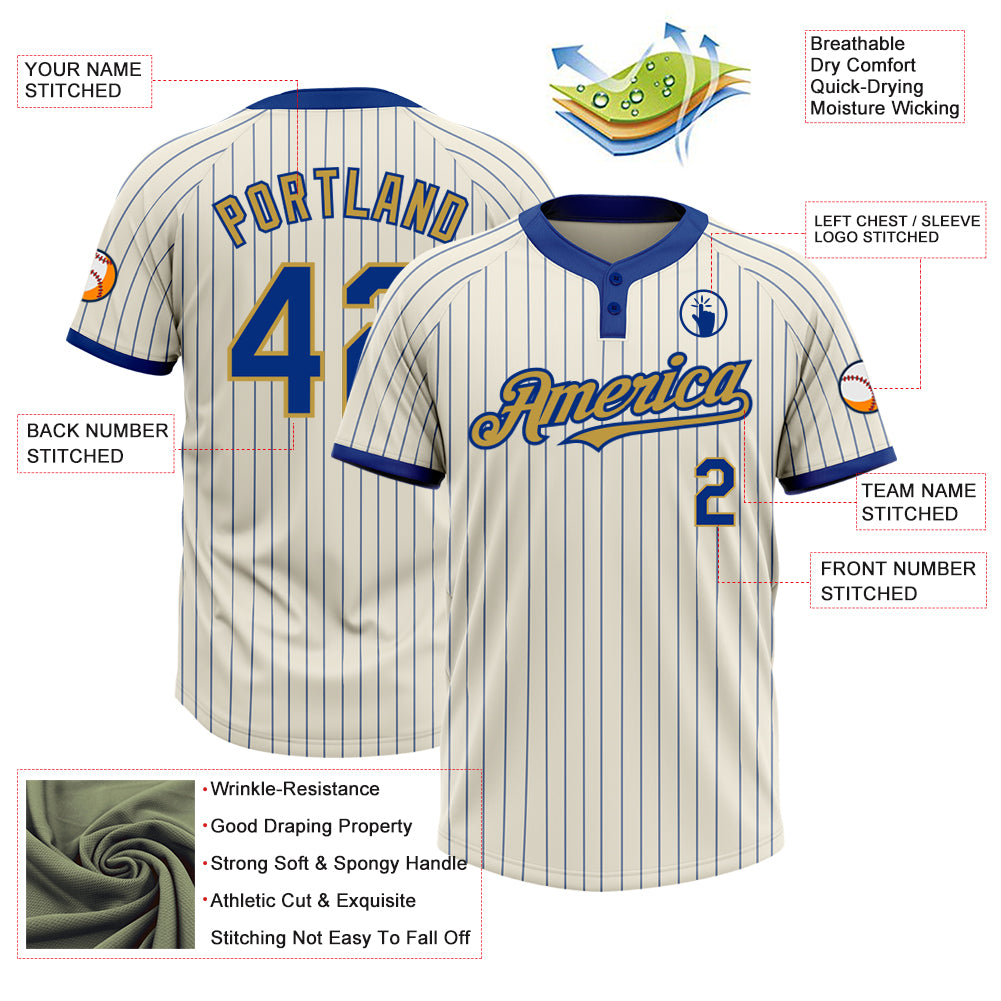 Custom Cream Royal Pinstripe Old Gold Two-Button Unisex Softball Jersey