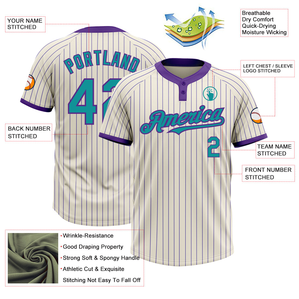 Custom Cream Purple Pinstripe Teal Two-Button Unisex Softball Jersey