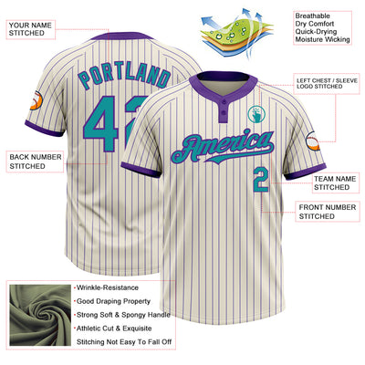 Custom Cream Purple Pinstripe Teal Two-Button Unisex Softball Jersey