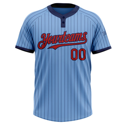 Custom Light Blue Navy Pinstripe Red Two-Button Unisex Softball Jersey