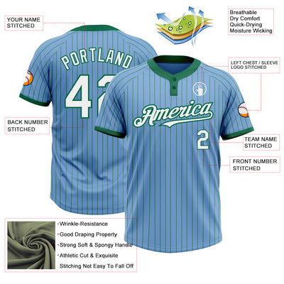 Custom Light Blue Kelly Green Pinstripe White Two-Button Unisex Softball Jersey