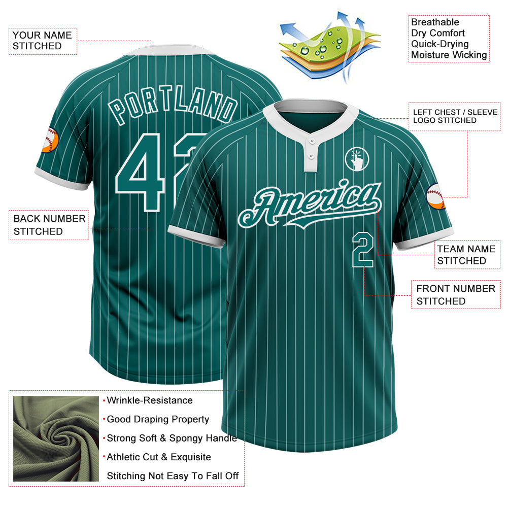 Custom Teal White Pinstripe White Two-Button Unisex Softball Jersey