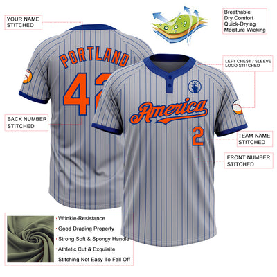Custom Gray Royal Pinstripe Orange Two-Button Unisex Softball Jersey
