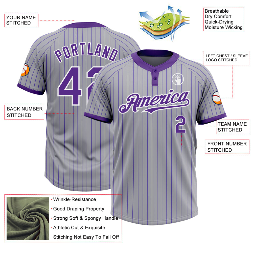 Custom Gray Purple Pinstripe White Two-Button Unisex Softball Jersey