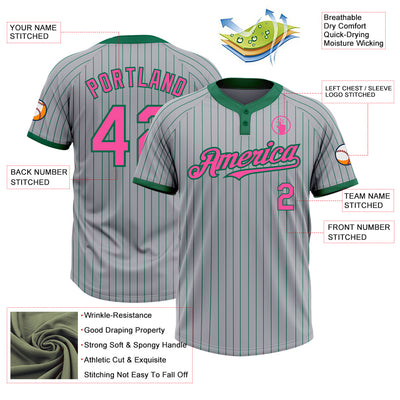 Custom Gray Kelly Green Pinstripe Pink Two-Button Unisex Softball Jersey