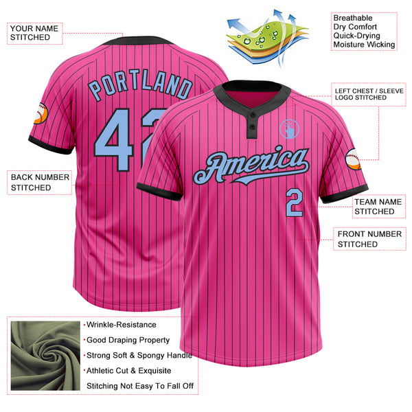 Custom Pink Softball Jersey Black Pinstripe Light Blue Two-Button