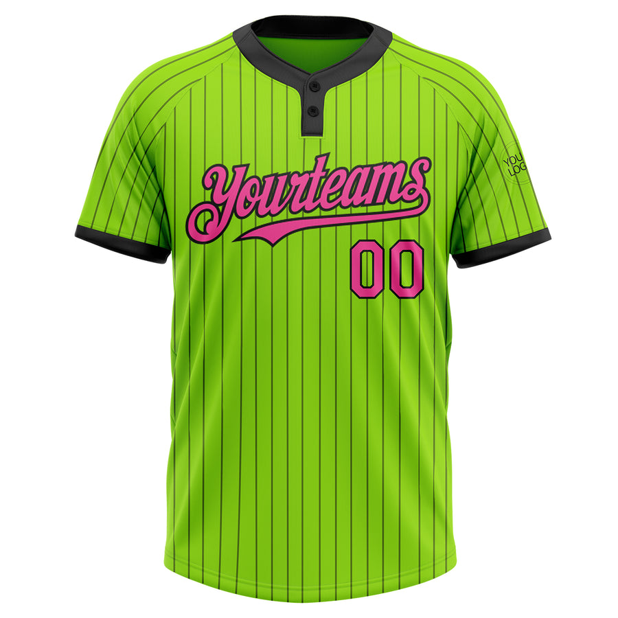 Custom Neon Green Black Pinstripe Pink Two-Button Unisex Softball Jersey