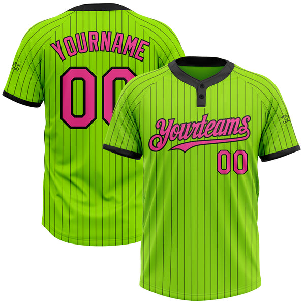 Custom Neon Green Softball Jersey Black Pinstripe Pink Two-Button