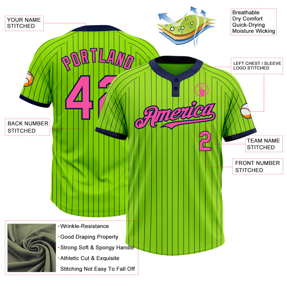 Custom Neon Green Navy Pinstripe Pink Two-Button Unisex Softball Jersey