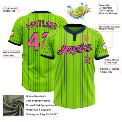 Custom Neon Green Navy Pinstripe Pink Two-Button Unisex Softball Jersey
