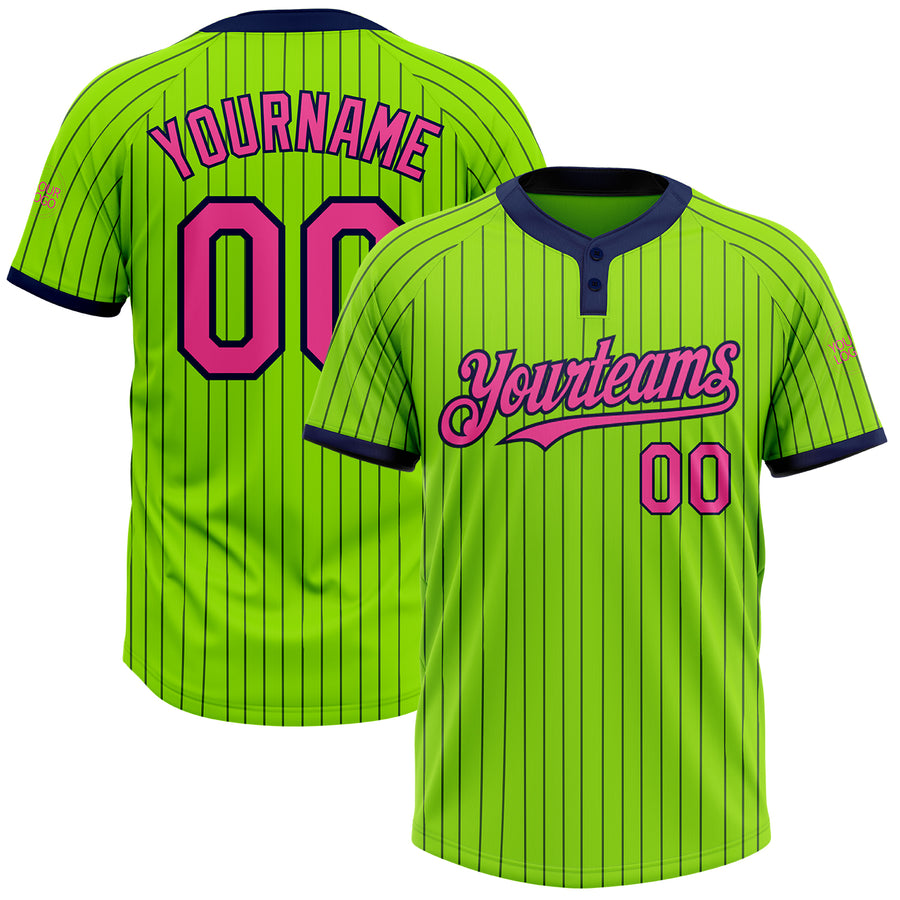 Custom Neon Green Navy Pinstripe Pink Two-Button Unisex Softball Jersey
