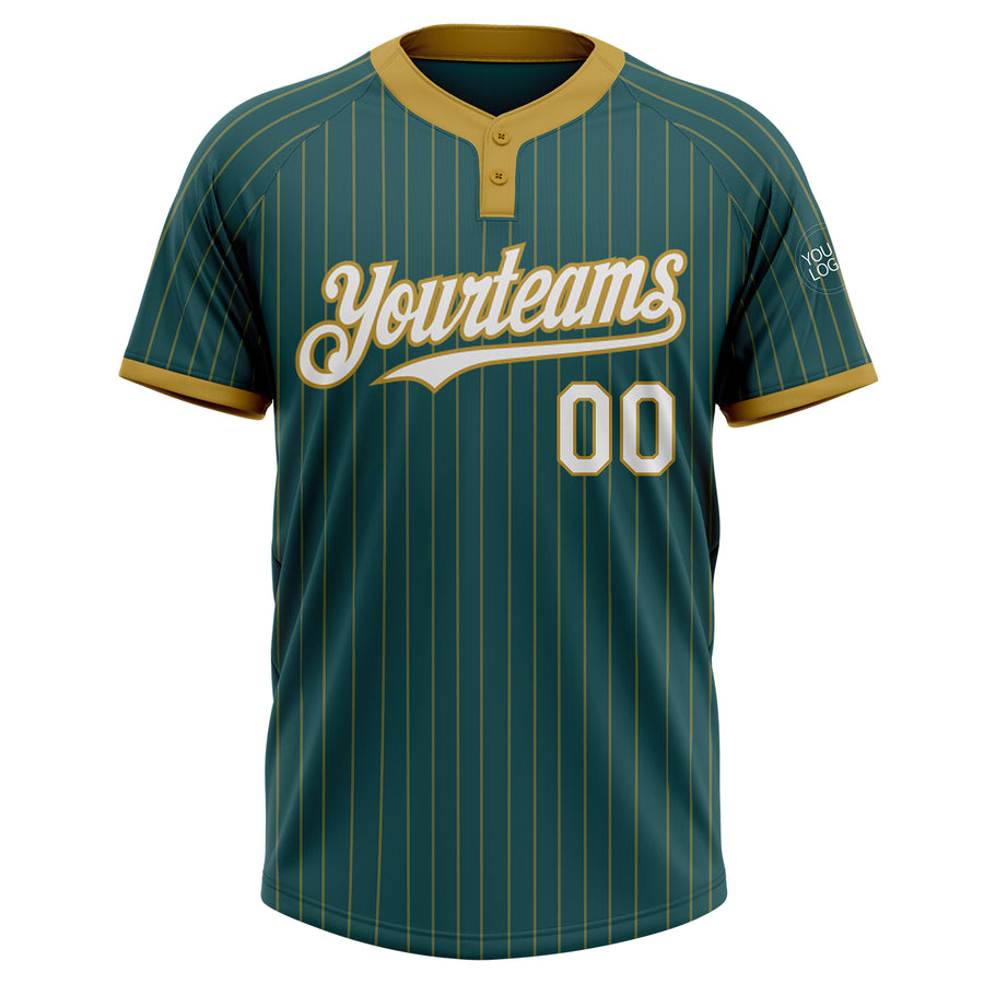 Custom Midnight Green Old Gold Pinstripe White Two-Button Unisex Softball Jersey
