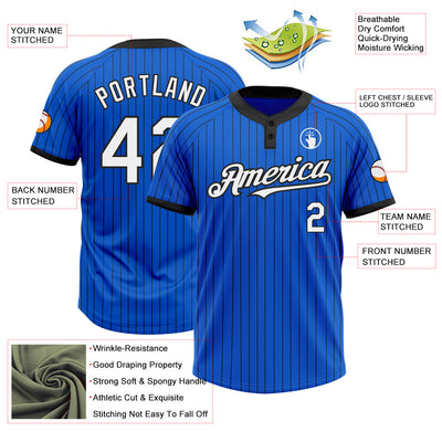 Custom Thunder Blue Black Pinstripe White Two-Button Unisex Softball Jersey