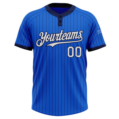 Custom Thunder Blue Navy Pinstripe White Two-Button Unisex Softball Jersey