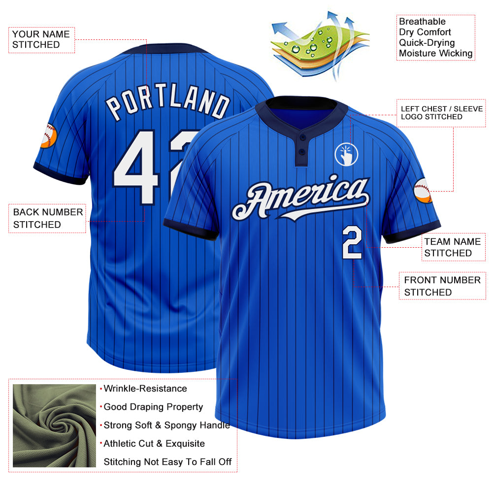 Custom Thunder Blue Navy Pinstripe White Two-Button Unisex Softball Jersey