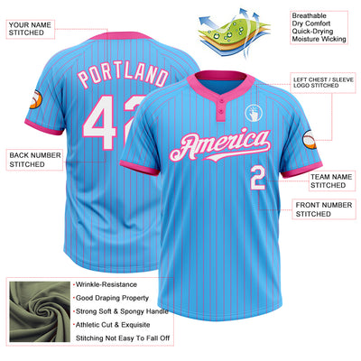 Custom Sky Blue Pink Pinstripe White Two-Button Unisex Softball Jersey
