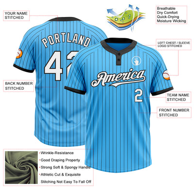 Custom Sky Blue Black Pinstripe White Two-Button Unisex Softball Jersey