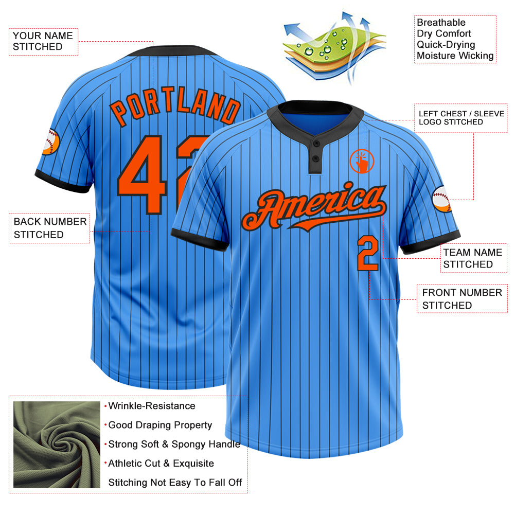Custom Electric Blue Black Pinstripe Orange Two-Button Unisex Softball Jersey