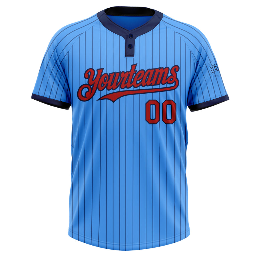 Custom Electric Blue Navy Pinstripe Red Two-Button Unisex Softball Jersey