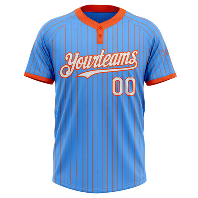 Custom Electric Blue Orange Pinstripe White Two-Button Unisex Softball Jersey