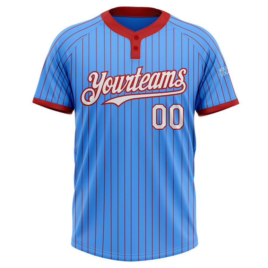 Custom Electric Blue Red Pinstripe White Two-Button Unisex Softball Jersey