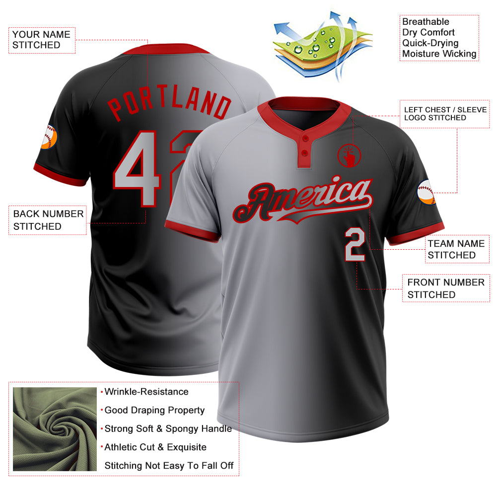 Custom Black Gray-Red Gradient Fashion Two-Button Unisex Softball Jersey