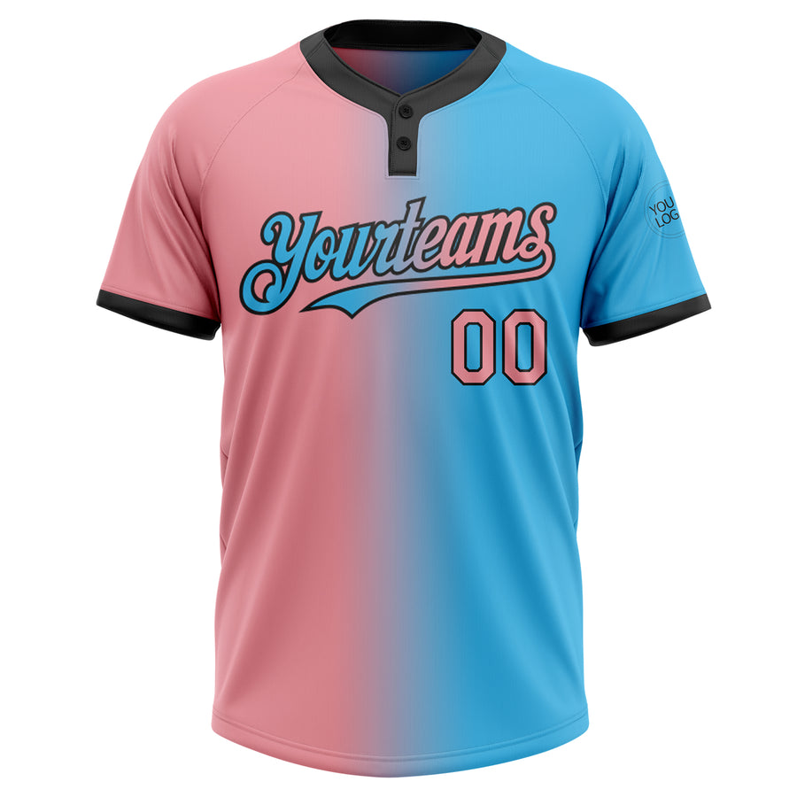 Custom Sky Blue Medium Pink-Black Gradient Fashion Two-Button Unisex Softball Jersey