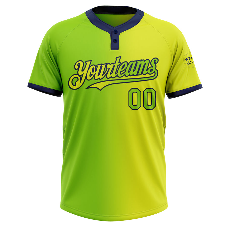 Custom Neon Yellow Neon Green-Navy Gradient Fashion Two-Button Unisex Softball Jersey