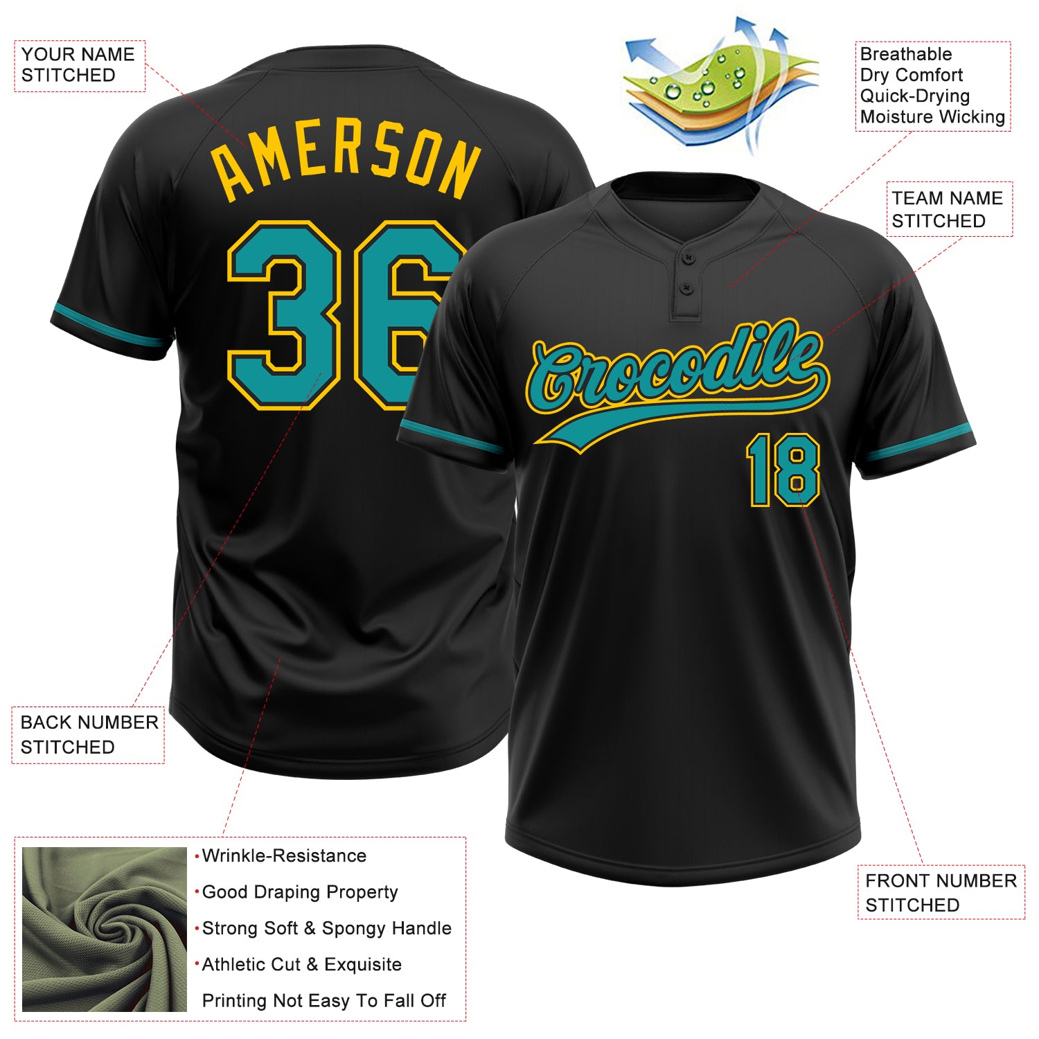 Custom Black Teal-Yellow Two-Button Unisex Softball Jersey