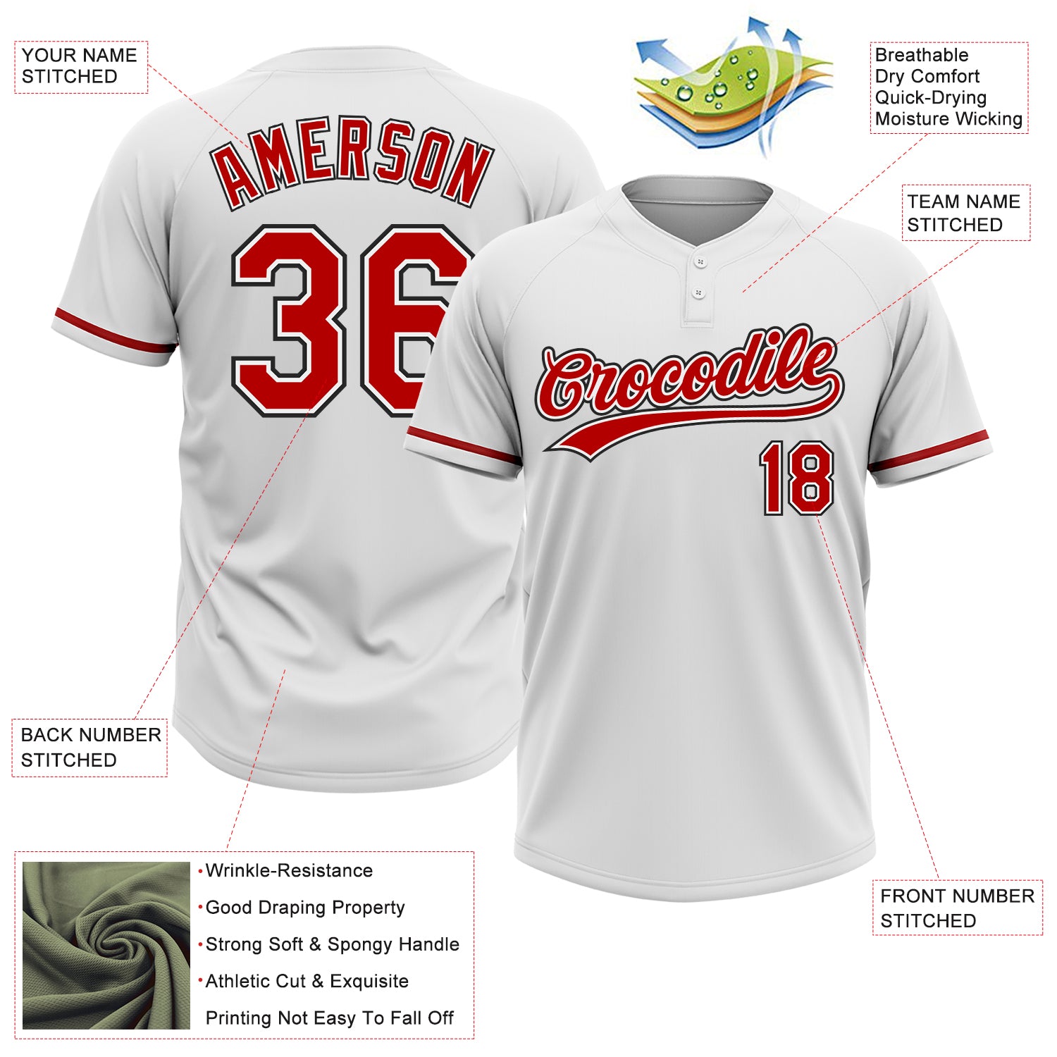 Custom White Red-Black Two-Button Unisex Softball Jersey
