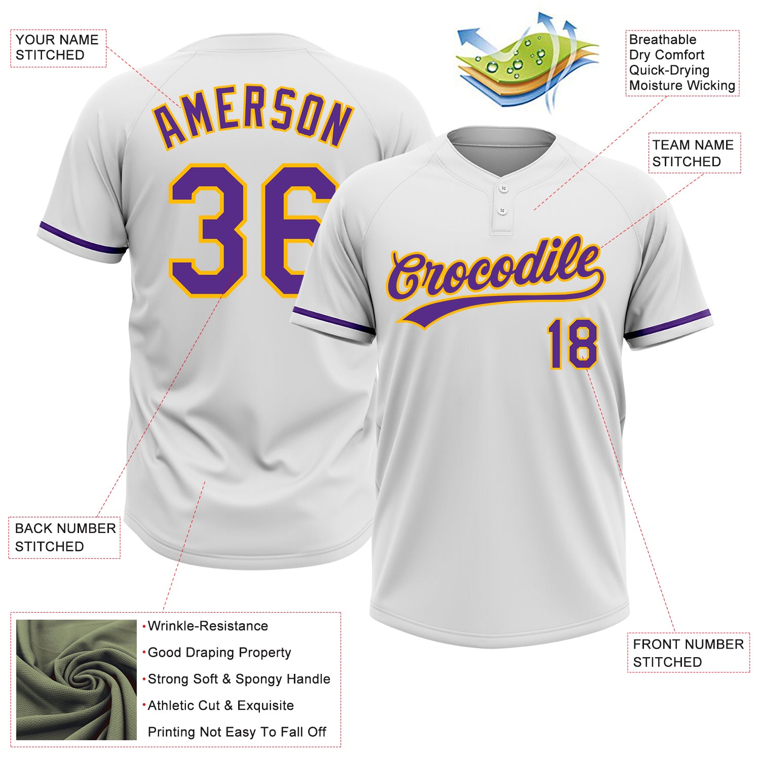 Custom White Purple-Gold Two-Button Unisex Softball Jersey